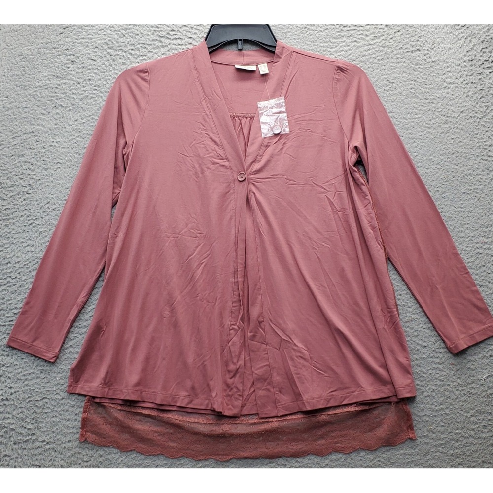 LOGO by Lori Goldstein Blouse Top Womens 2XS Pink Lace Trim Hem One Button Front
